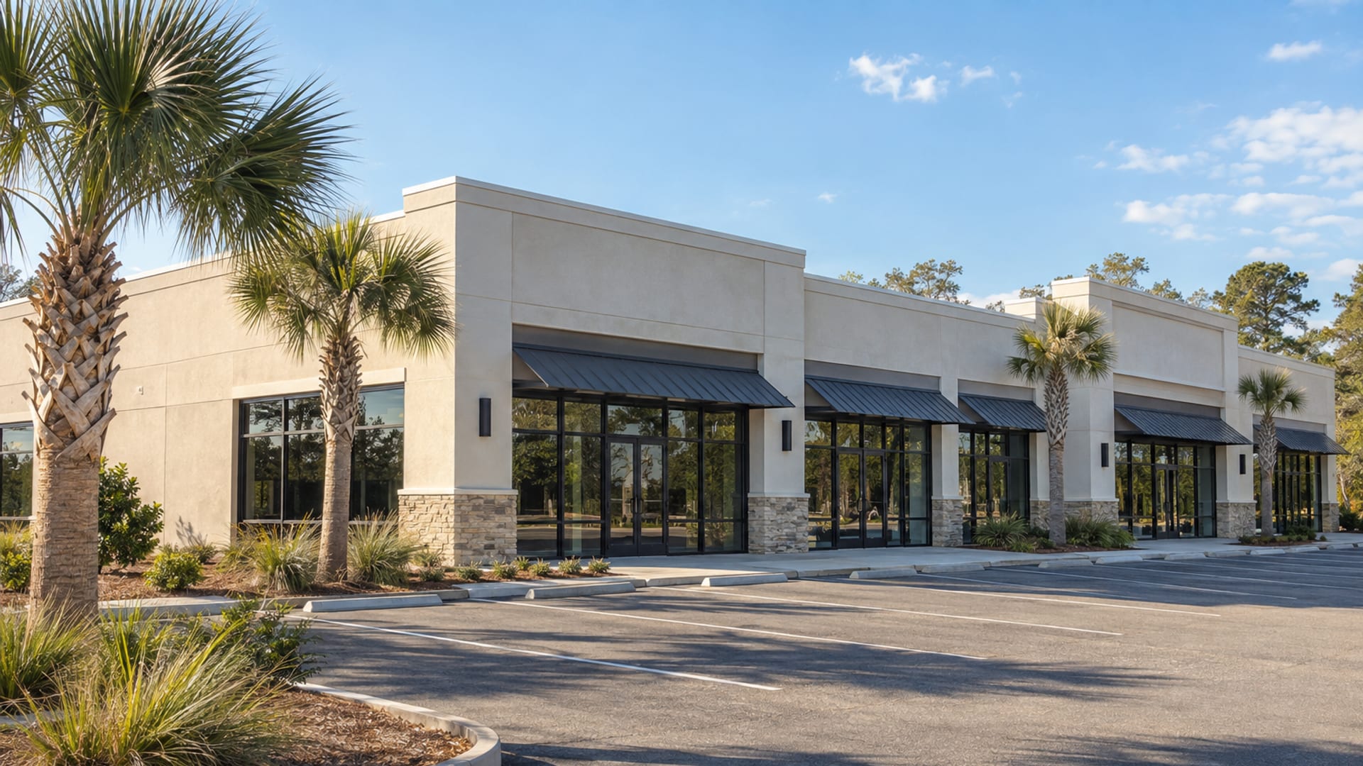 One-story commercial building with a parapet and flat roof near Myrtle Beach