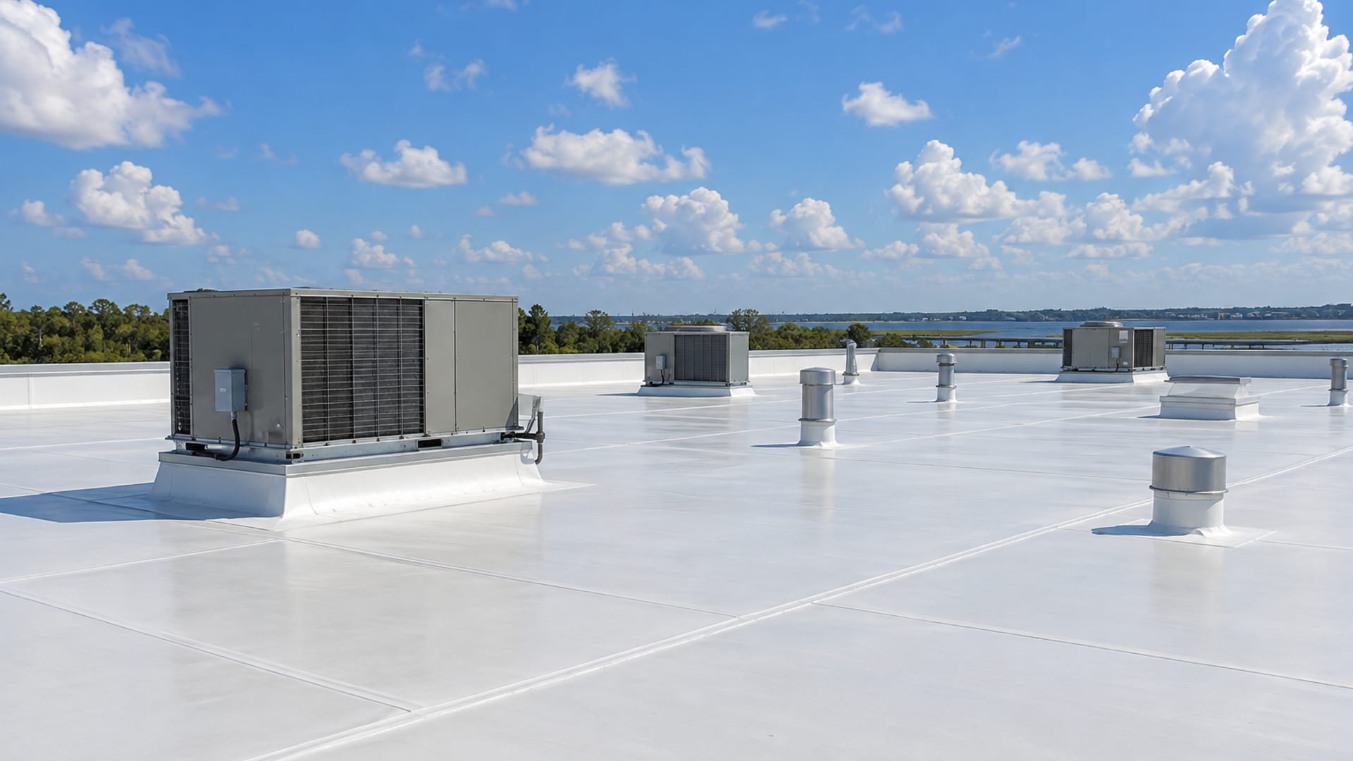 Seamed white TPO membrane on a low-slope roof in Myrtle Beach