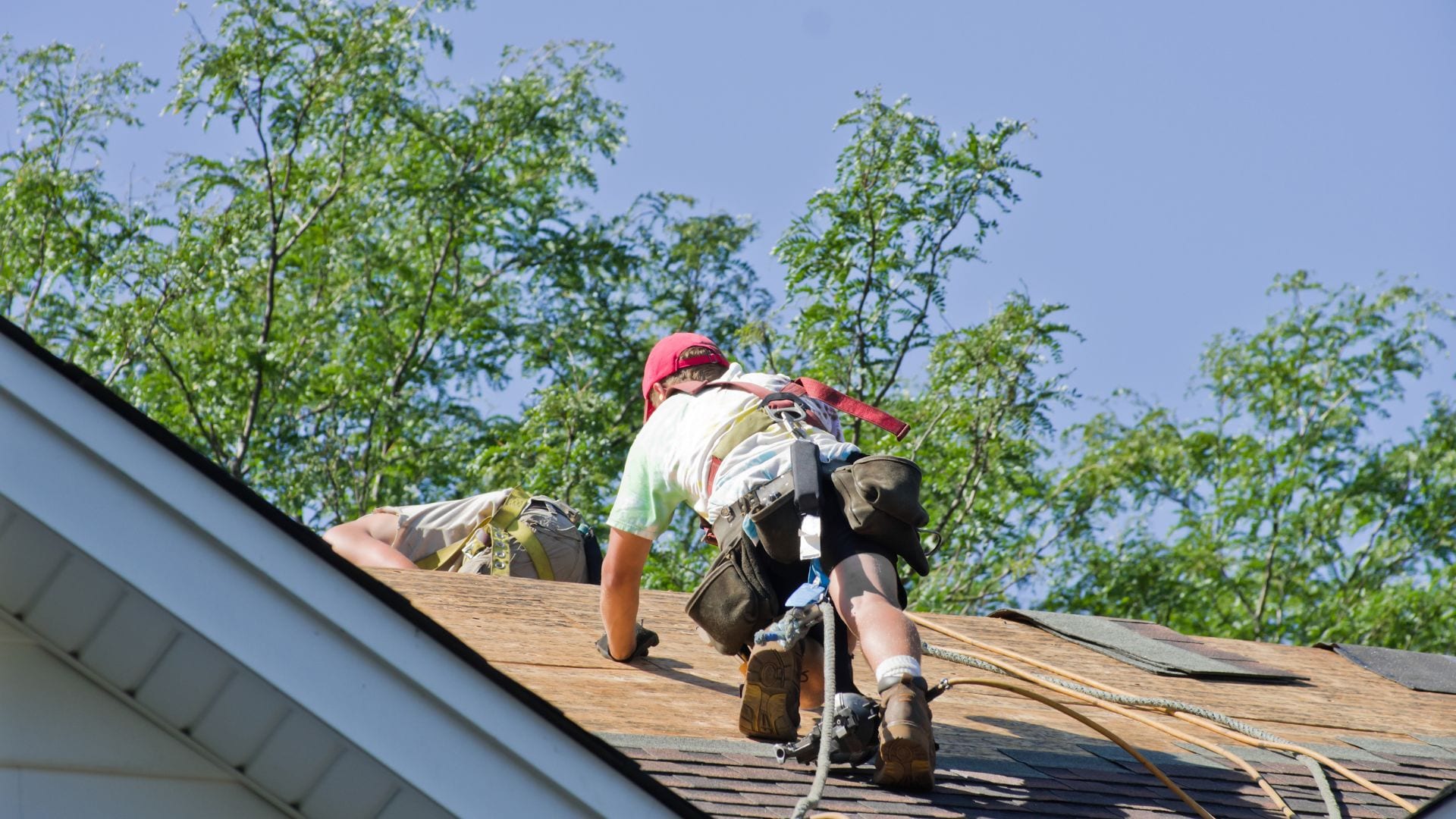Roofer heading up a shingle roof to complete a repair