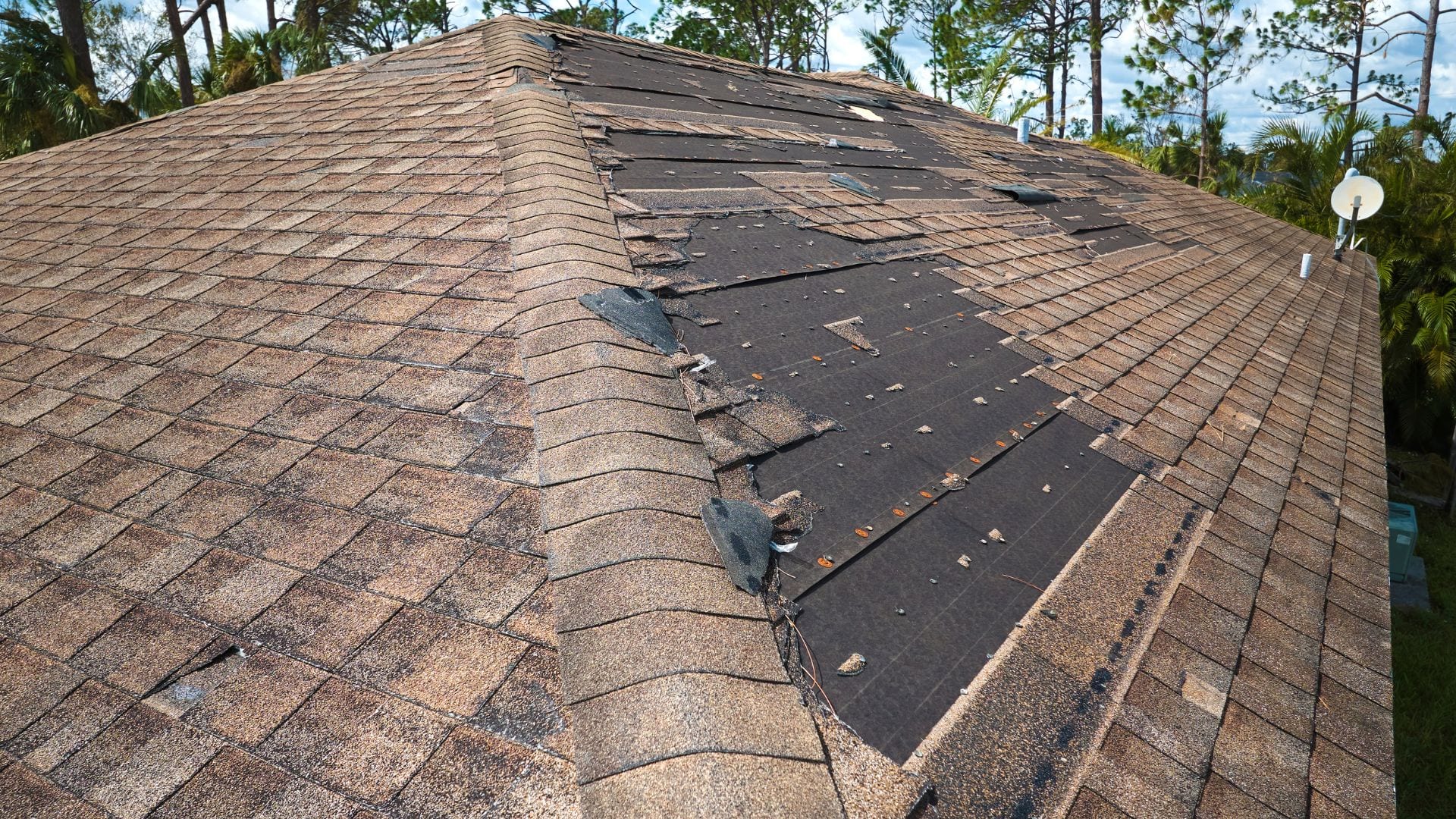 Shingles torn off a hip roof by high coastal wind