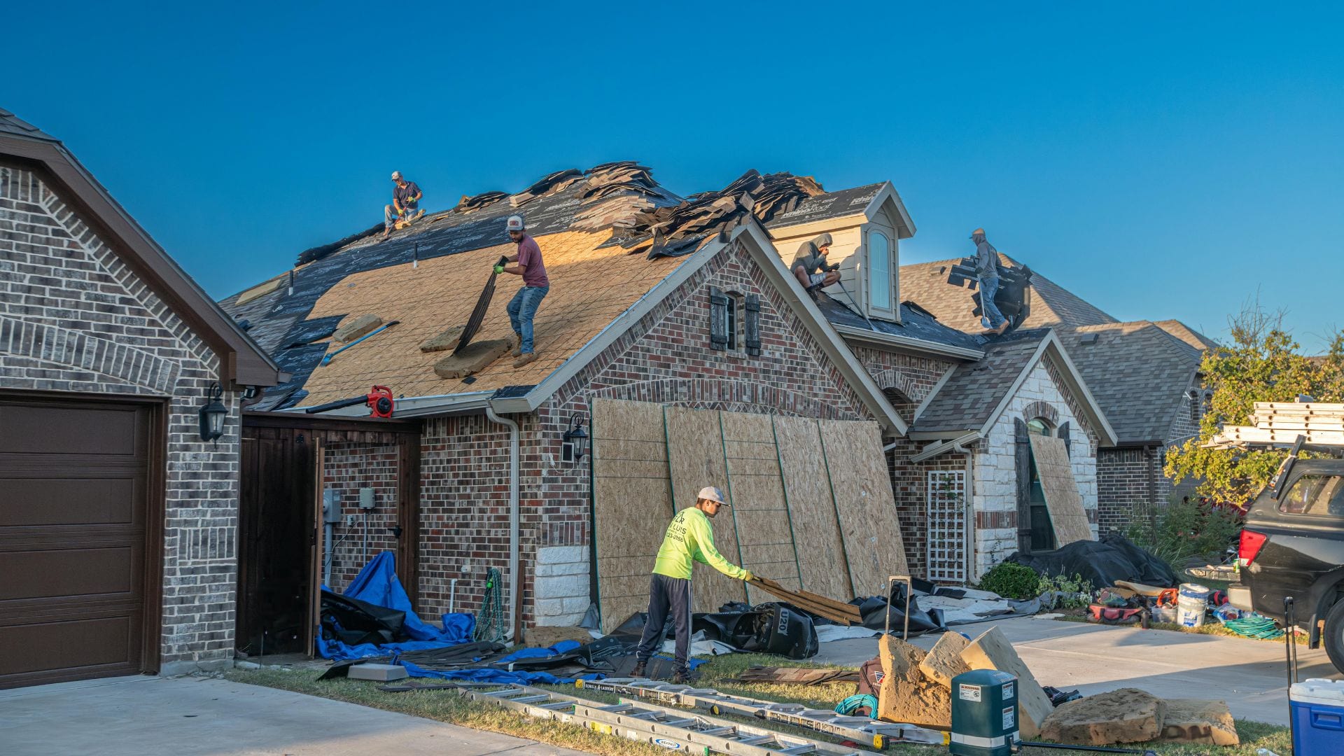 Full roof tear-off underway on a Grand Strand home