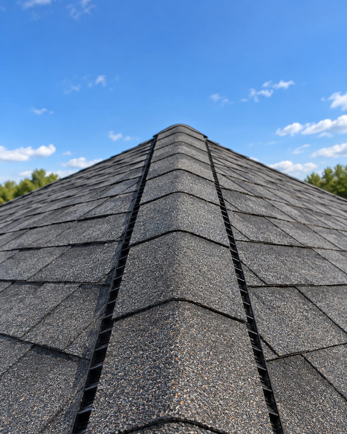 Shingle-over ridge vent running along the peak of an asphalt roof