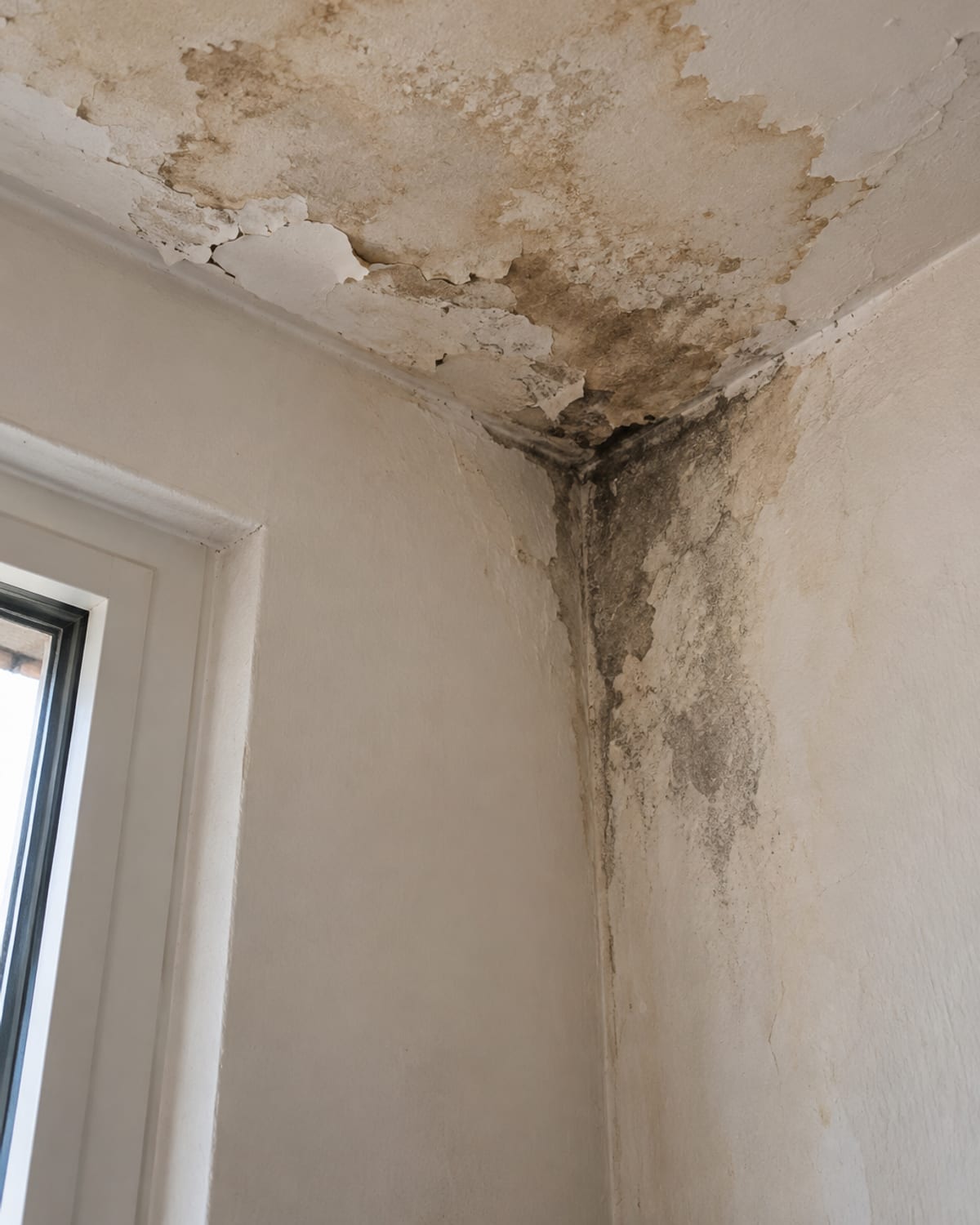 Water-stained ceiling and damp wall inside a Myrtle Beach home after a roof failure