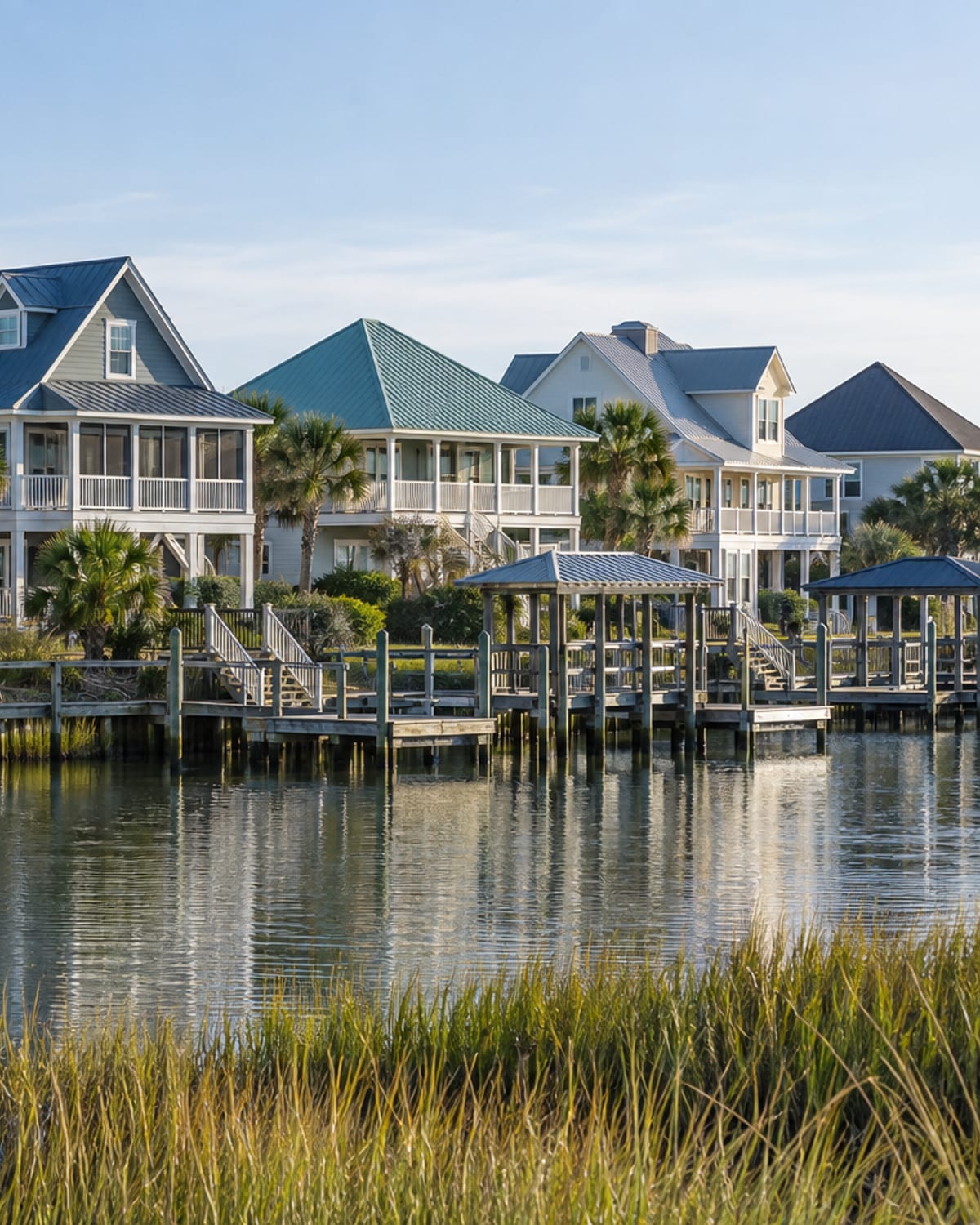 Canal-front homes with metal roofs in Brunswick County, North Carolina