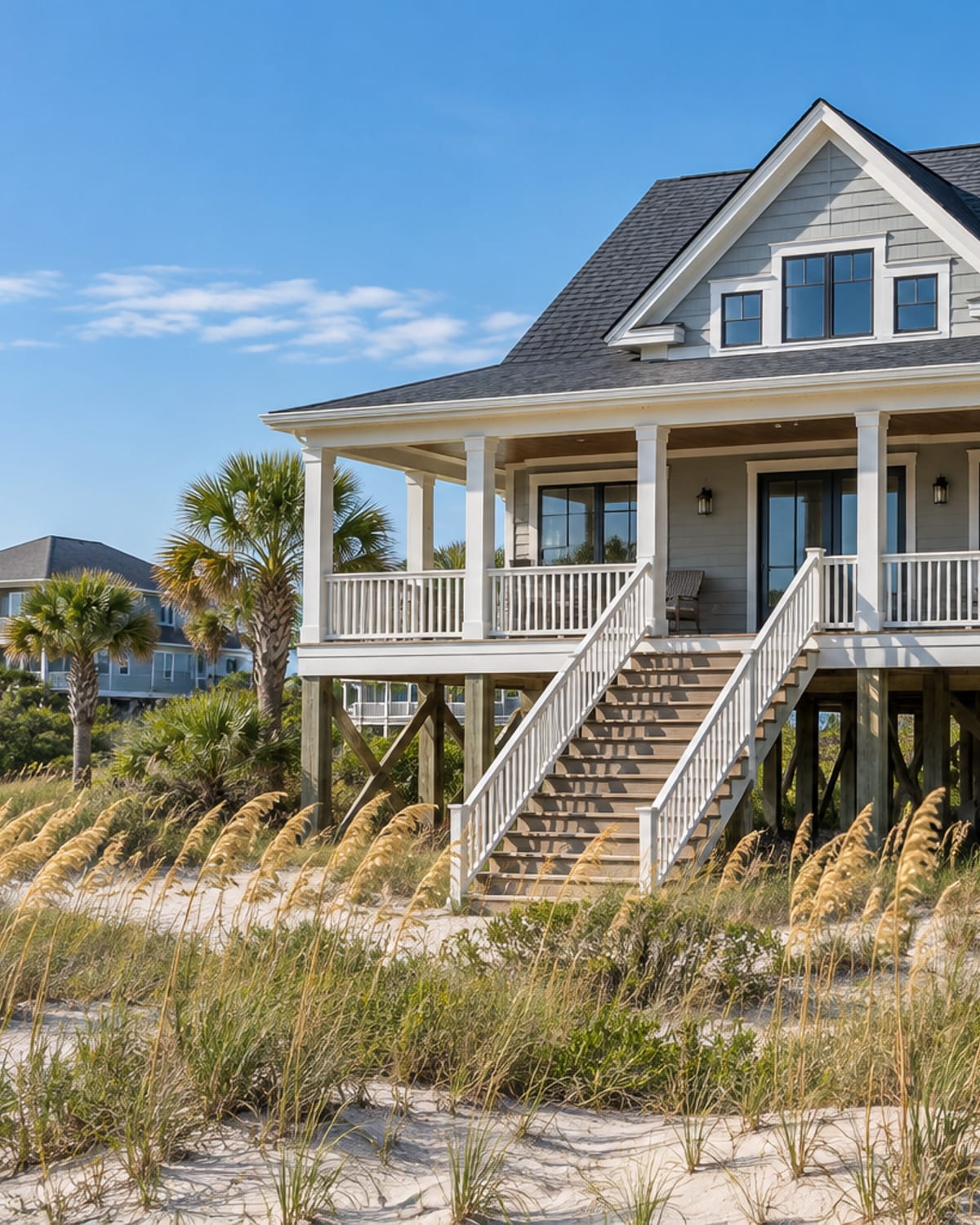 Elevated beach house with a shingle roof along the Grand Strand