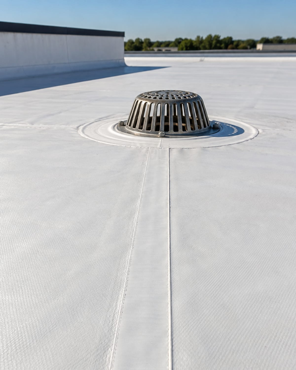Close-up of a welded TPO membrane seam and roof drain on a low-slope commercial roof