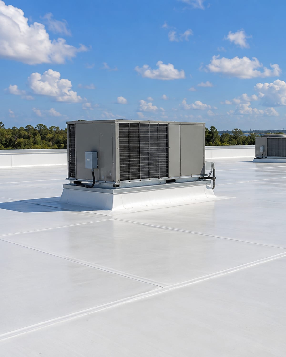 White TPO membrane roof with rooftop units on a commercial building in Myrtle Beach