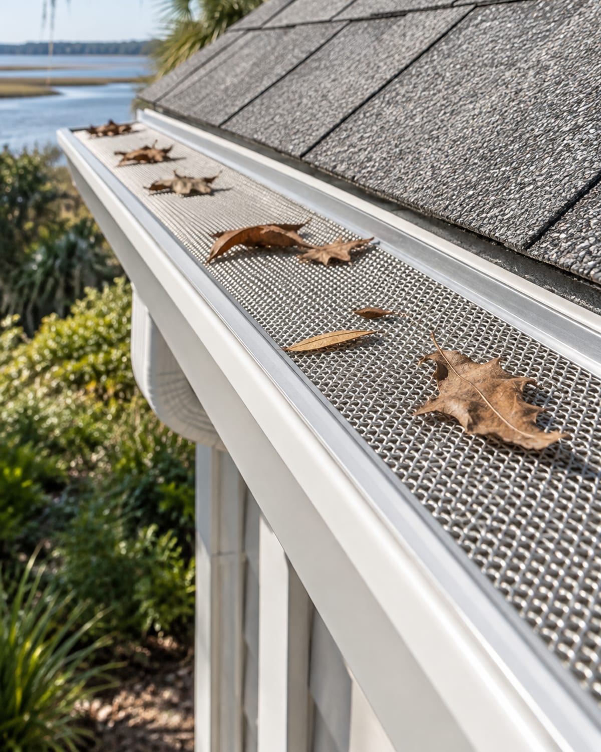 Mesh gutter guard installed on a seamless aluminum gutter along a shingle roof edge