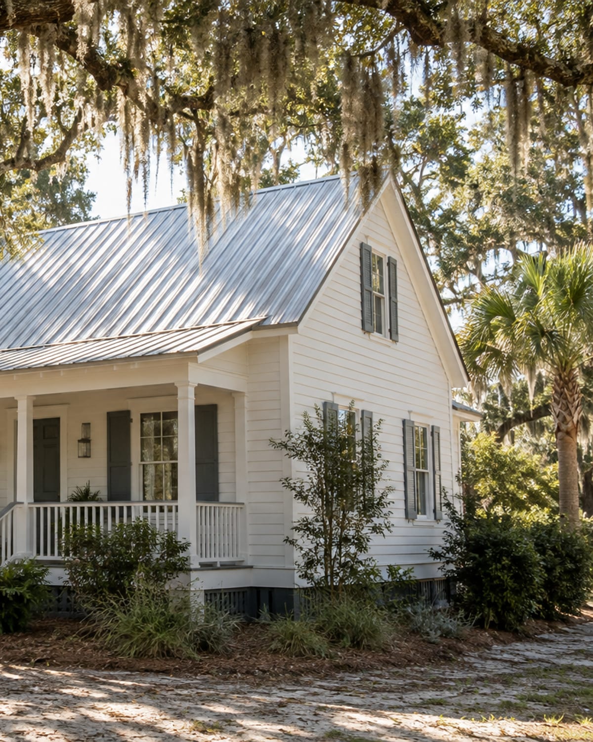 Lowcountry cottage with a metal roof beneath live oaks near Murrells Inlet, SC