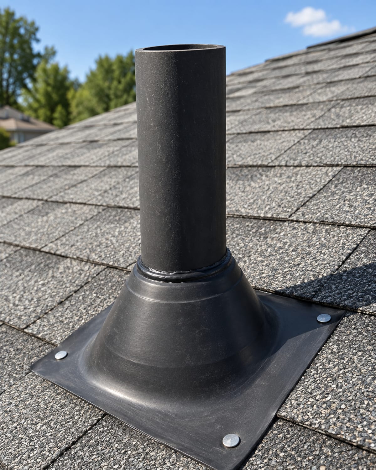 Correctly sealed pipe boot flashing on a warrantied Golden Roofing installation