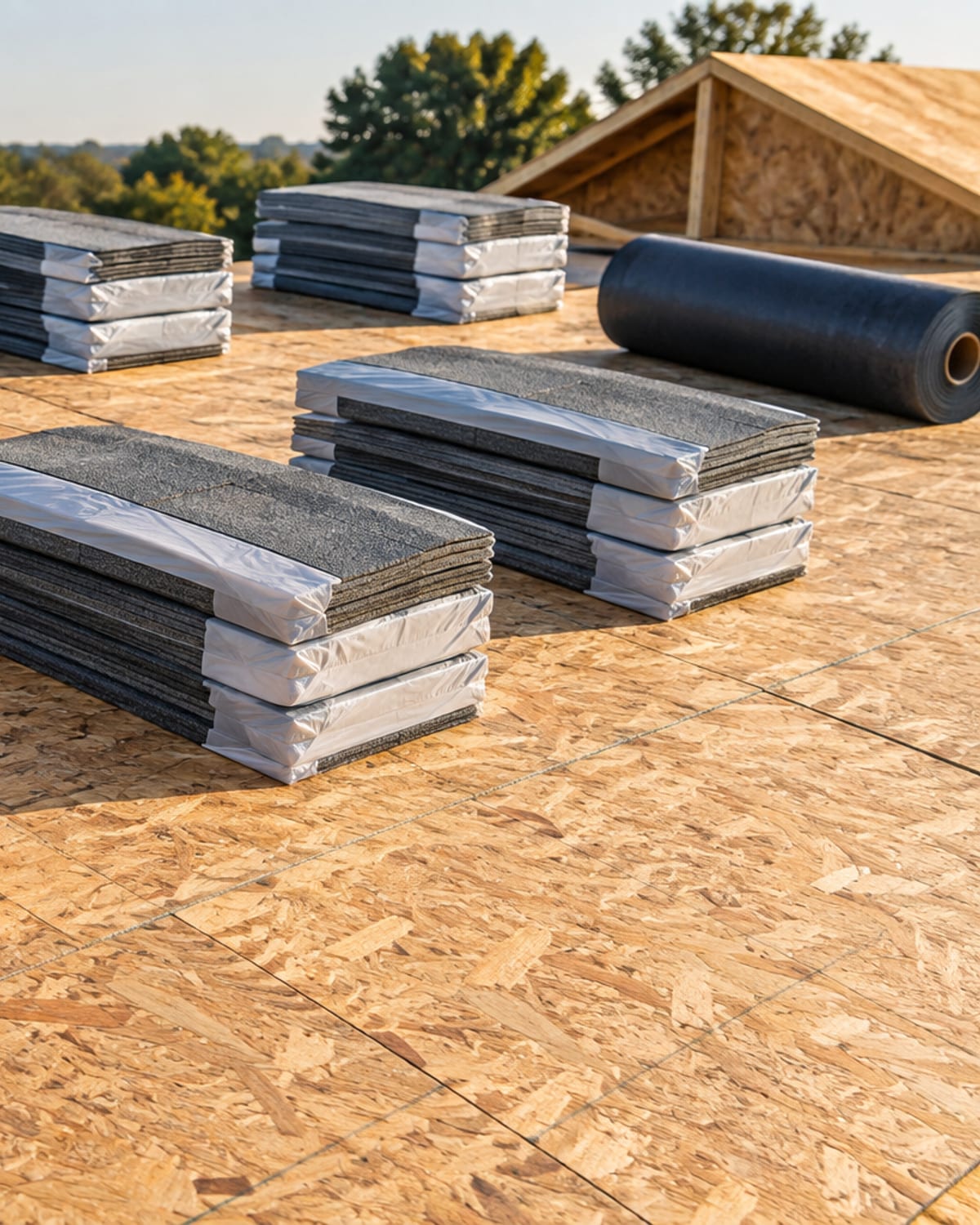 Bundles of architectural shingles staged on a roof deck at a Longs, SC job site