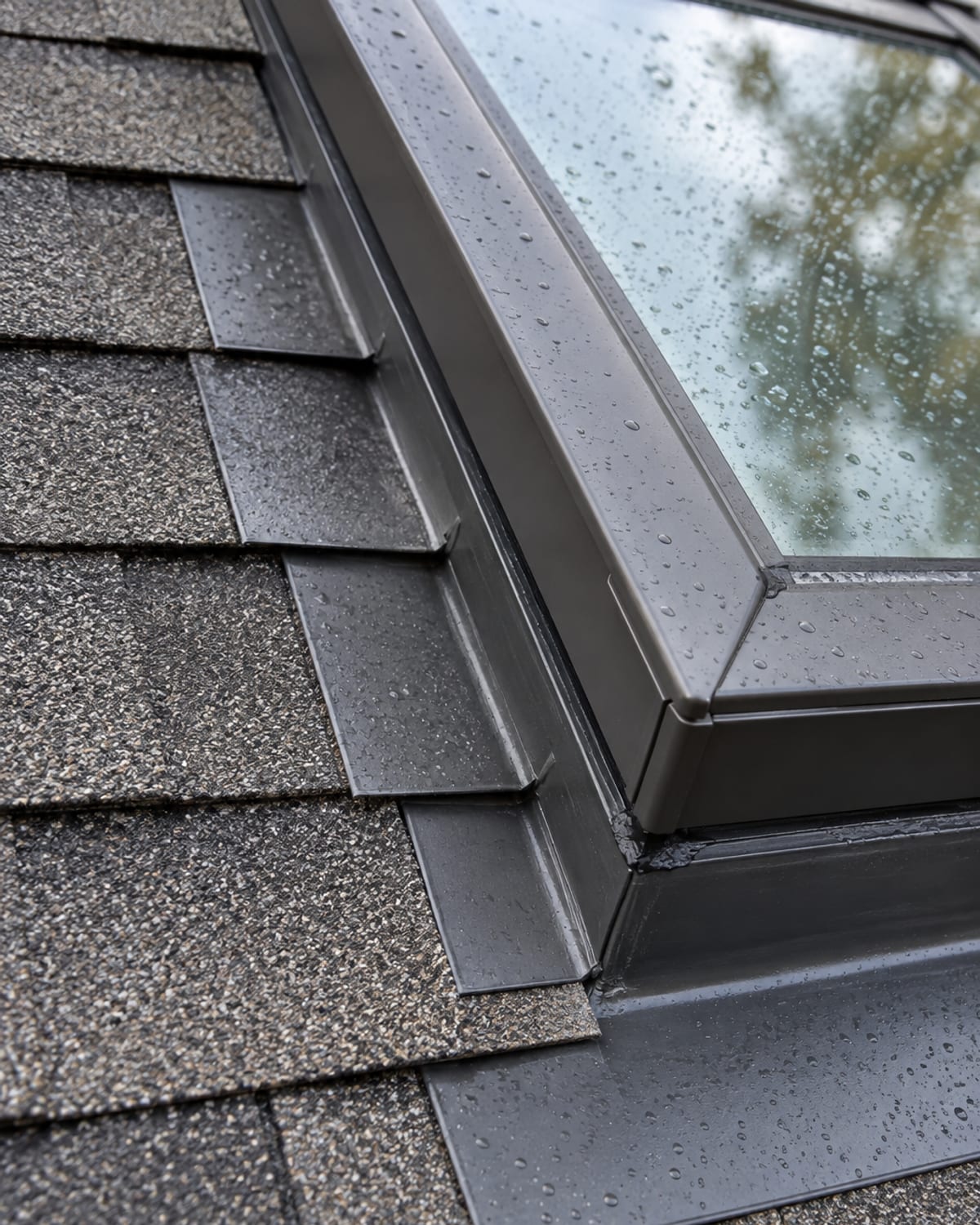 Step flashing detail where a skylight curb meets asphalt shingles